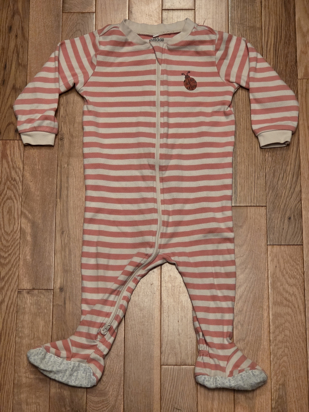 5/$20 Pekkle 12M Ladybug Pink & Cream Striped Footed Zip Up Onsie Sleeper Pajama